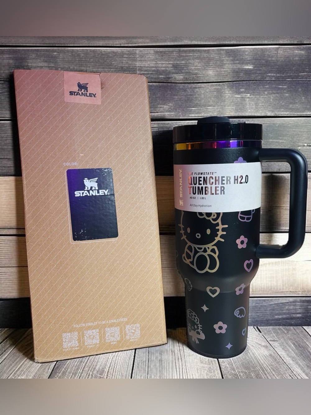 Stanley Hello Kitty 40 Oz Black Tumbler with Iridescent Rainbow Accents NIB